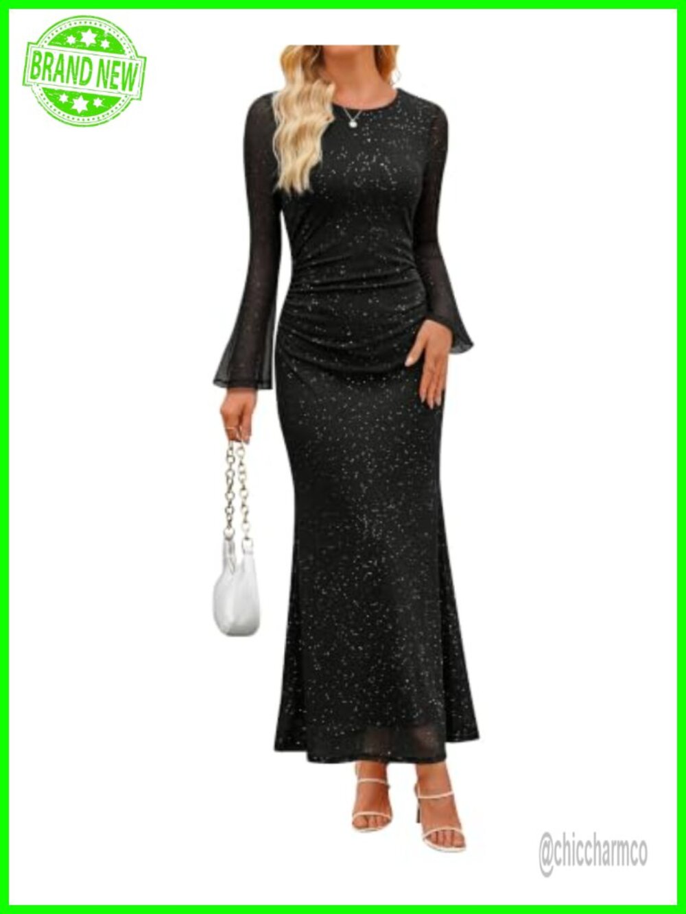 Womens Long Sleeve Bodycon Ruched Mesh Maxi Formal Dress